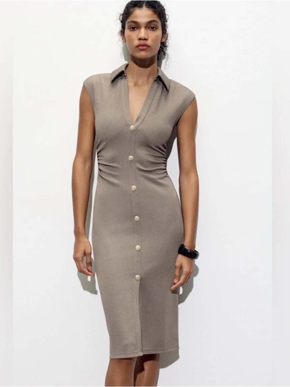 Zara Textured Ribbed Midi Dress Large Taupe Ruched Gold Button